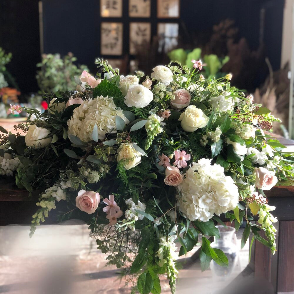 soft + serene casket spray shop now at flower + furbishfloral arrangement, Funeral, sympathy, Urn wreath