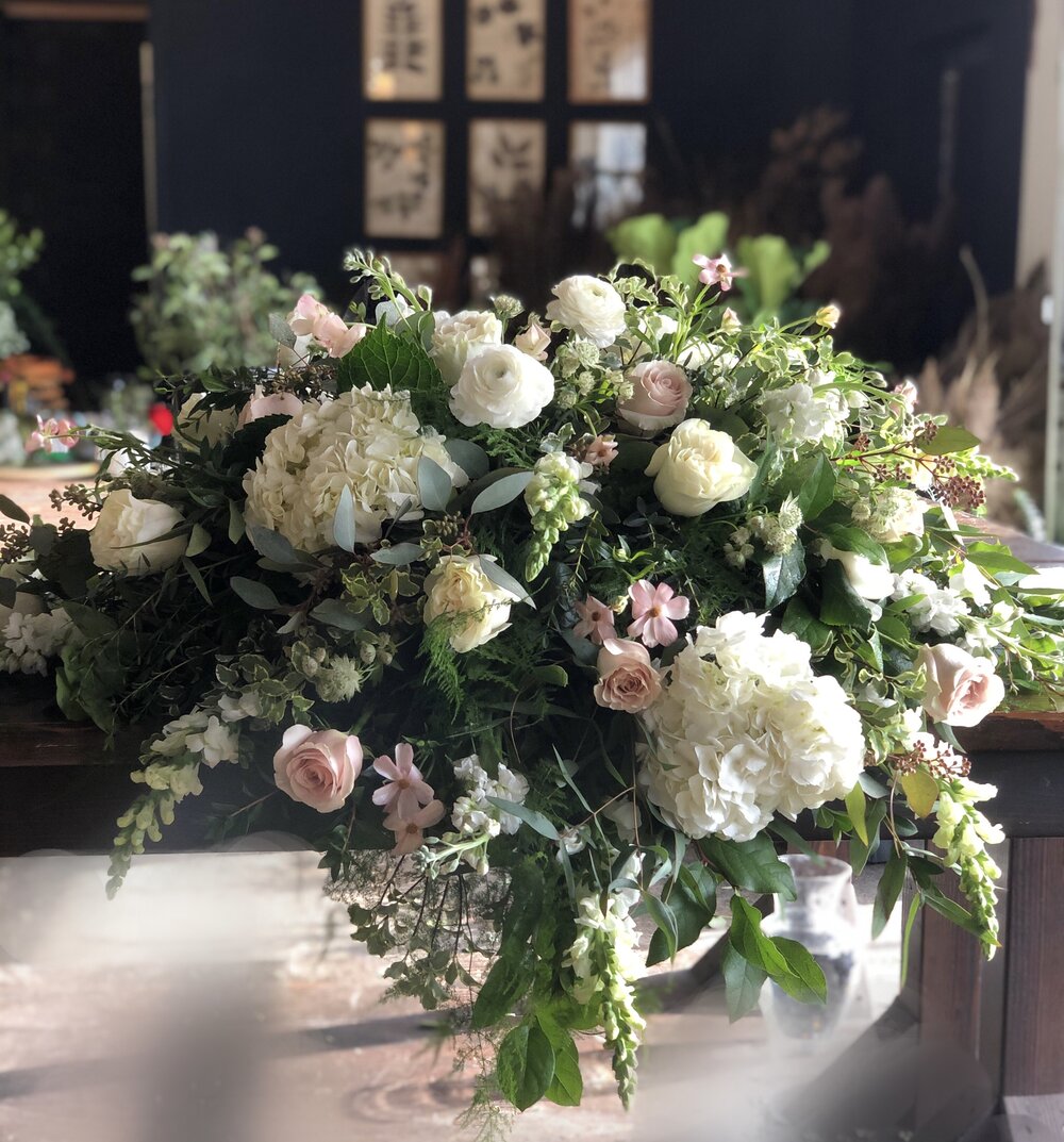soft + serene casket spray shop now at flower + furbishfloral arrangement, Funeral, sympathy, Urn wreath