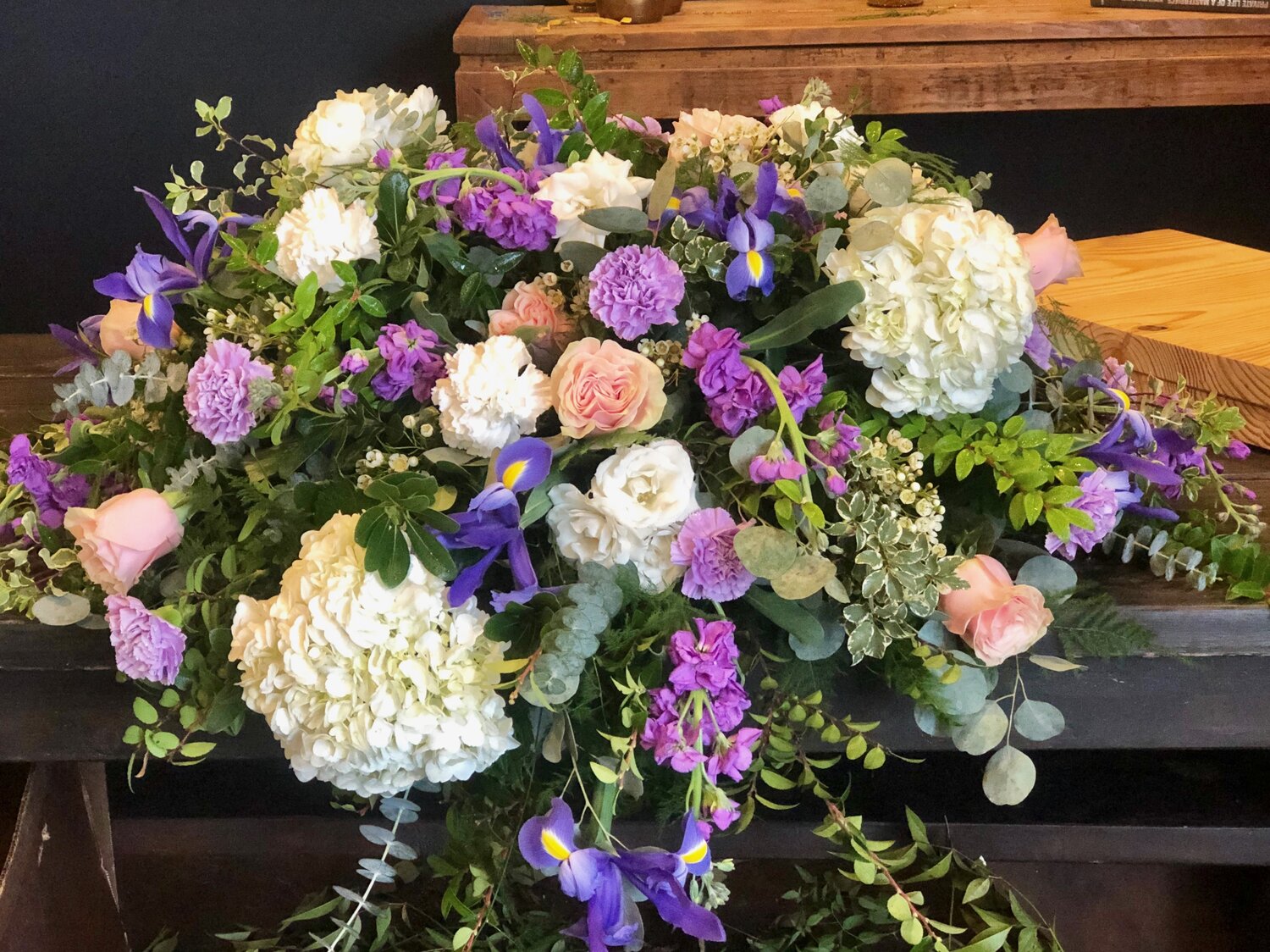 springtime casket spray funeral from flower + furbish Shop now at flower + furbish