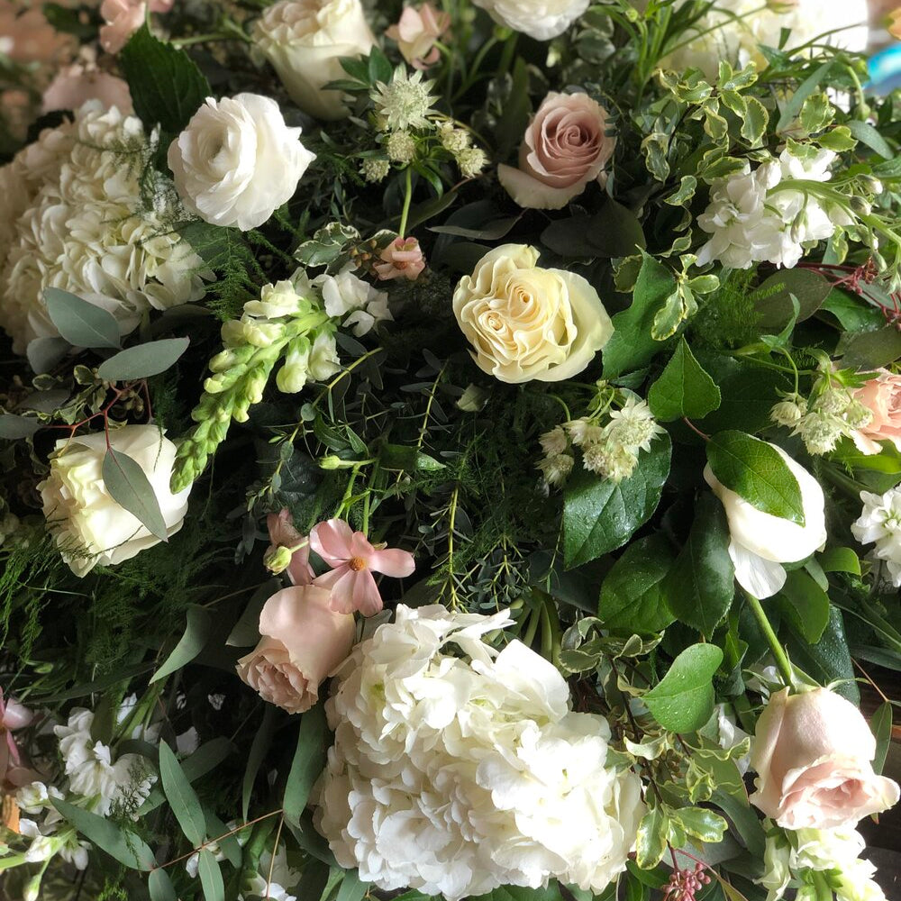 soft + serene casket spray shop now at flower + furbishfloral arrangement, Funeral, sympathy, Urn wreath
