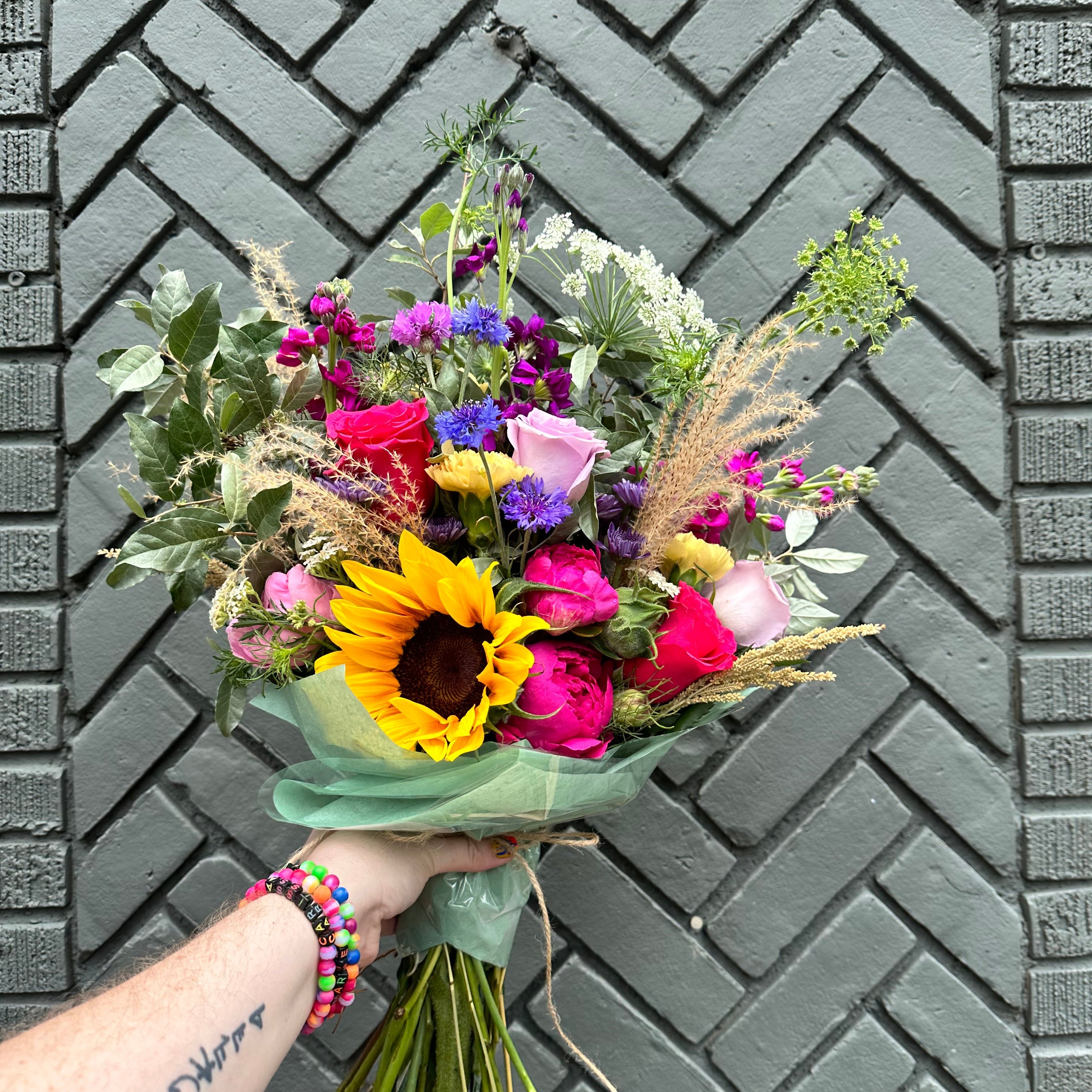 seasonal variety wrapped bouquet  from flower + furbish Shop now at flower + furbish