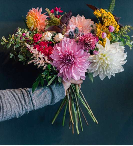 seasonal variety wrapped bouquet  from flower + furbish Shop now at flower + furbish