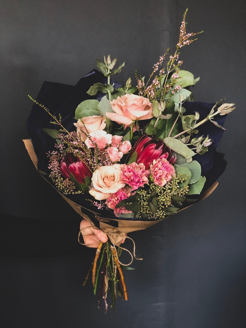 seasonal variety wrapped bouquet  from flower + furbish Shop now at flower + furbish